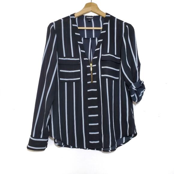 Express | Striped 1/4 Zip V-Neck Blouse with Rollable Sleeves - Picture 1 of 7